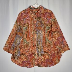 Lauren Ralph‎ Lauren Button Shirt Womens Multicolor Paisley Gauze Cotton Rainbow